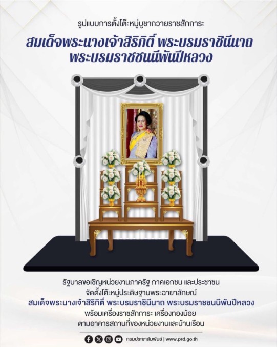 จัดตั้งโต๊ะหมู่ประดิษฐานพระฉายาลักษณ์สมเด็จพระนางเจ้าสิริกิติ์ พระบรมราชินีนาถ พระบรมราชชนนีพันปีหลวง พร้อมเครื่องราชสักการะ และเครื่องทองน้อย ตามอาคารสถานที่ของหน่วยงานและบ้านเรือน