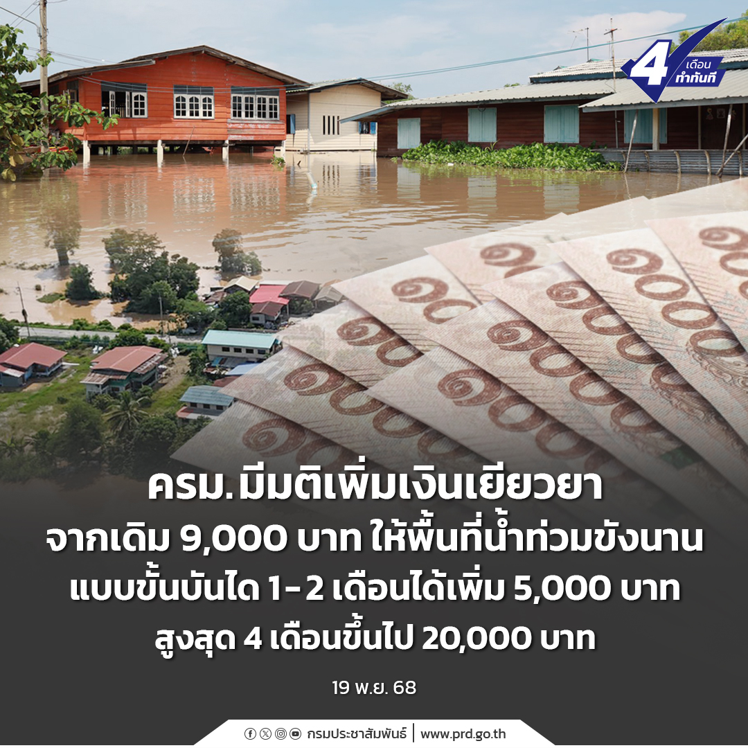 ครม.มีมติเพิ่มเงินเยียวยาจากเดิม 9,000 บาท ให้พื้นที่น้ำท่วมขังนาน แบบขั้นบันได 1-2 เดือนได้เพิ่ม 5,000 บาท สูงสุด 4 เดือนขึ้นไป 20,000 บาท &nbsp; 