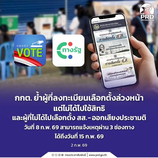 กกต. ย้ำผู้ที่ลงทะเบียนเลือกตั้งล่วงหน้าแต่ไม่ได้ไปใช้สิทธิ และผู้ที่ไม่ได้ไปเลือกตั้ง สส. &ndash; ออกเสียงประชามติ วันที่ 8 ก.พ. 69 สามารถแจ้งเหตุผ่าน 3 ช่องทาง ได้ถึงวันที่ 15 ก.พ. 69