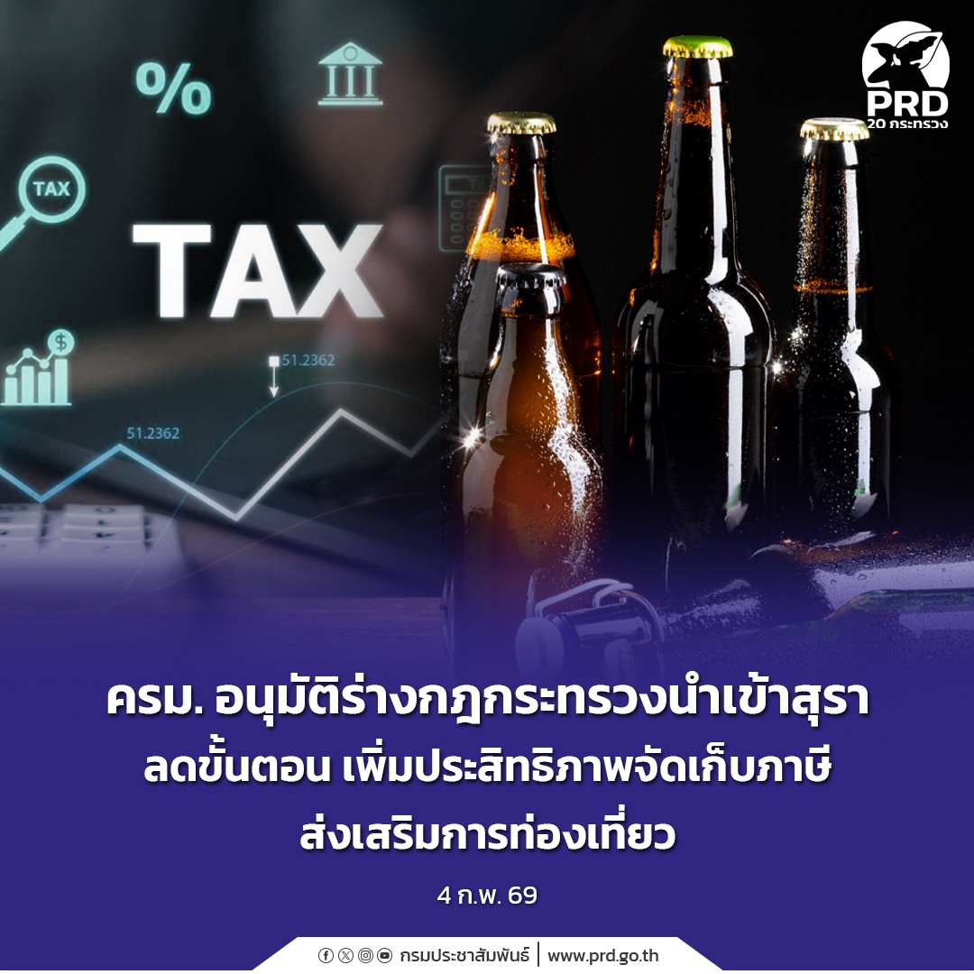 ครม. อนุมัติร่างกฎกระทรวงนำเข้าสุรา ลดขั้นตอน เพิ่มประสิทธิภาพจัดเก็บภาษี ส่งเสริมการท่องเที่ยว